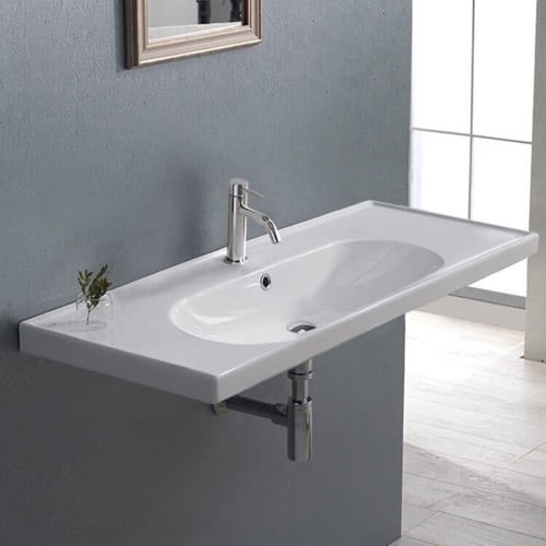 Rectangular White Ceramic Wall Mounted or Drop In Bathroom Sink CeraStyle 043500-U